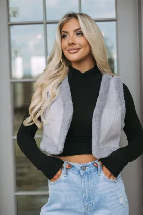 Cropped Faux Suede/Fur Vest-Grey