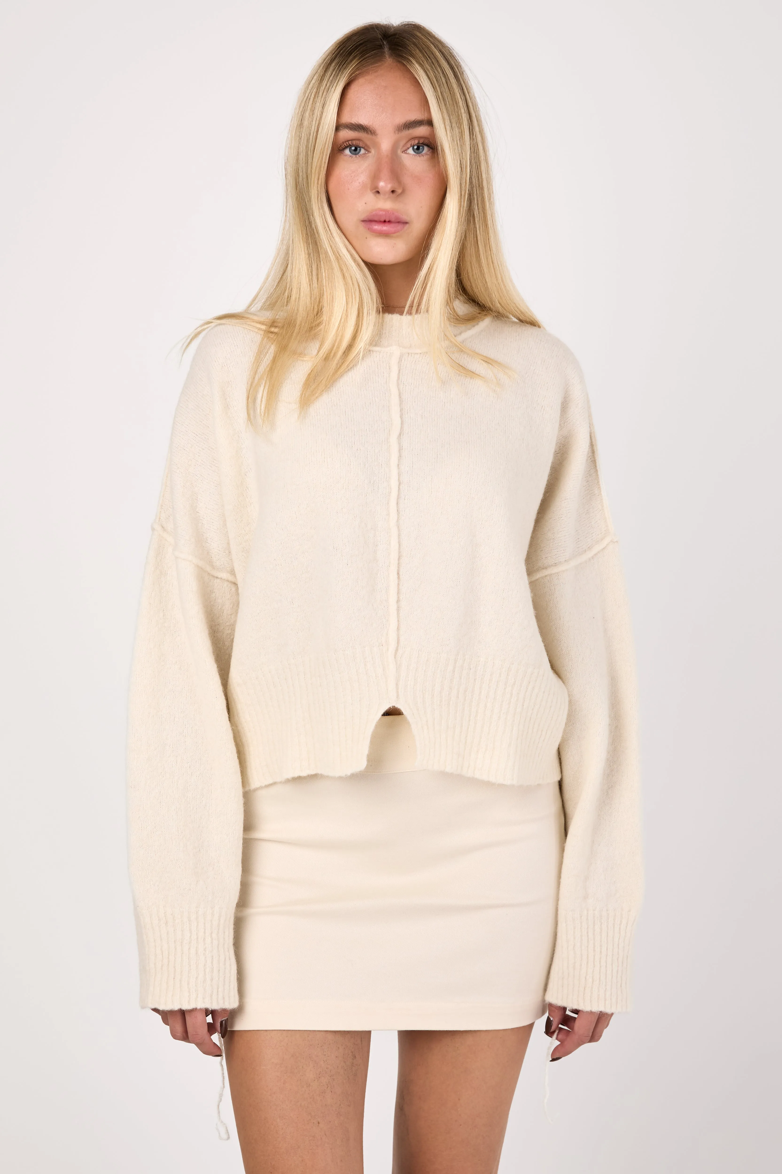 Cropped Knitted Crewneck Sweater in Butter