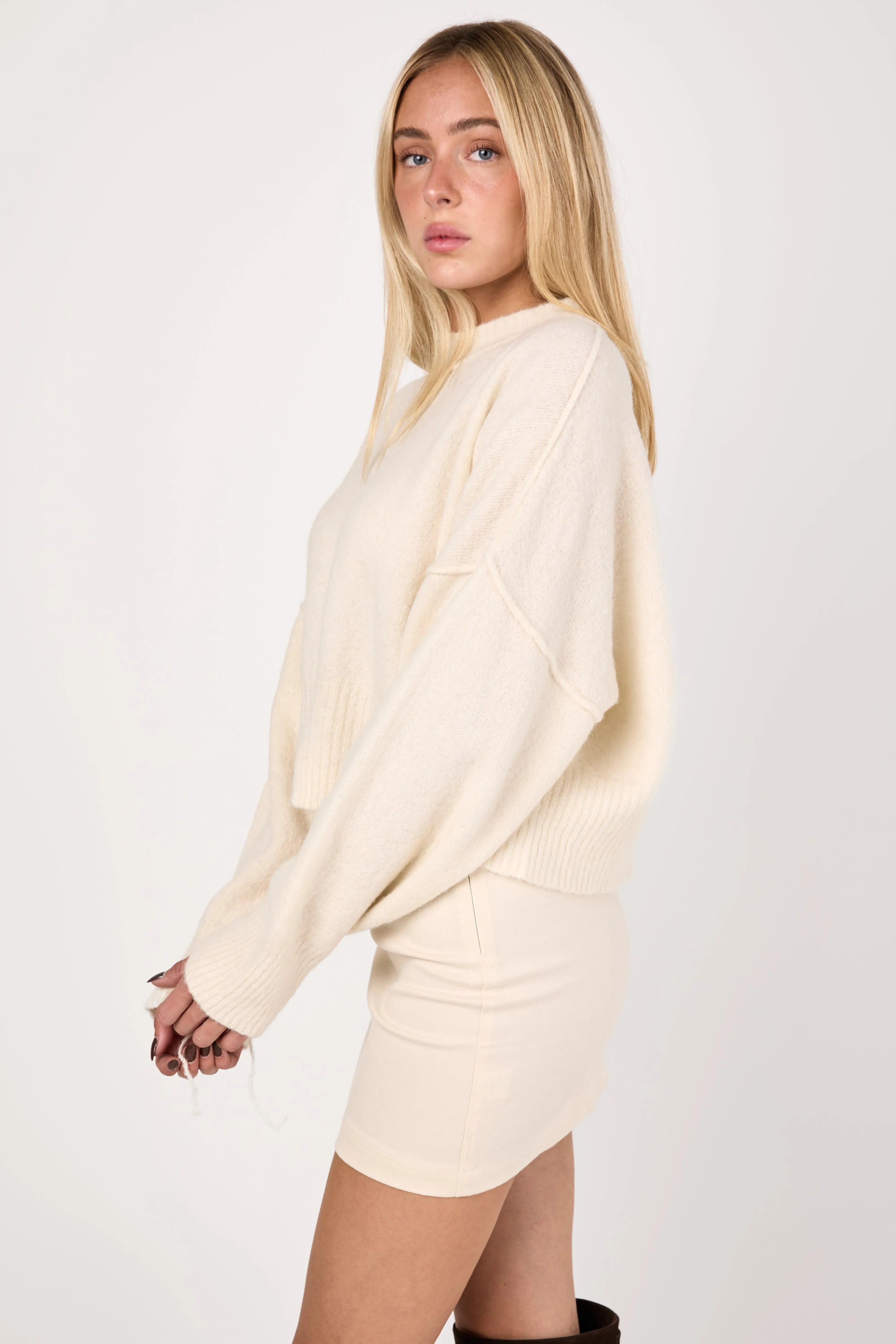 Cropped Knitted Crewneck Sweater in Butter