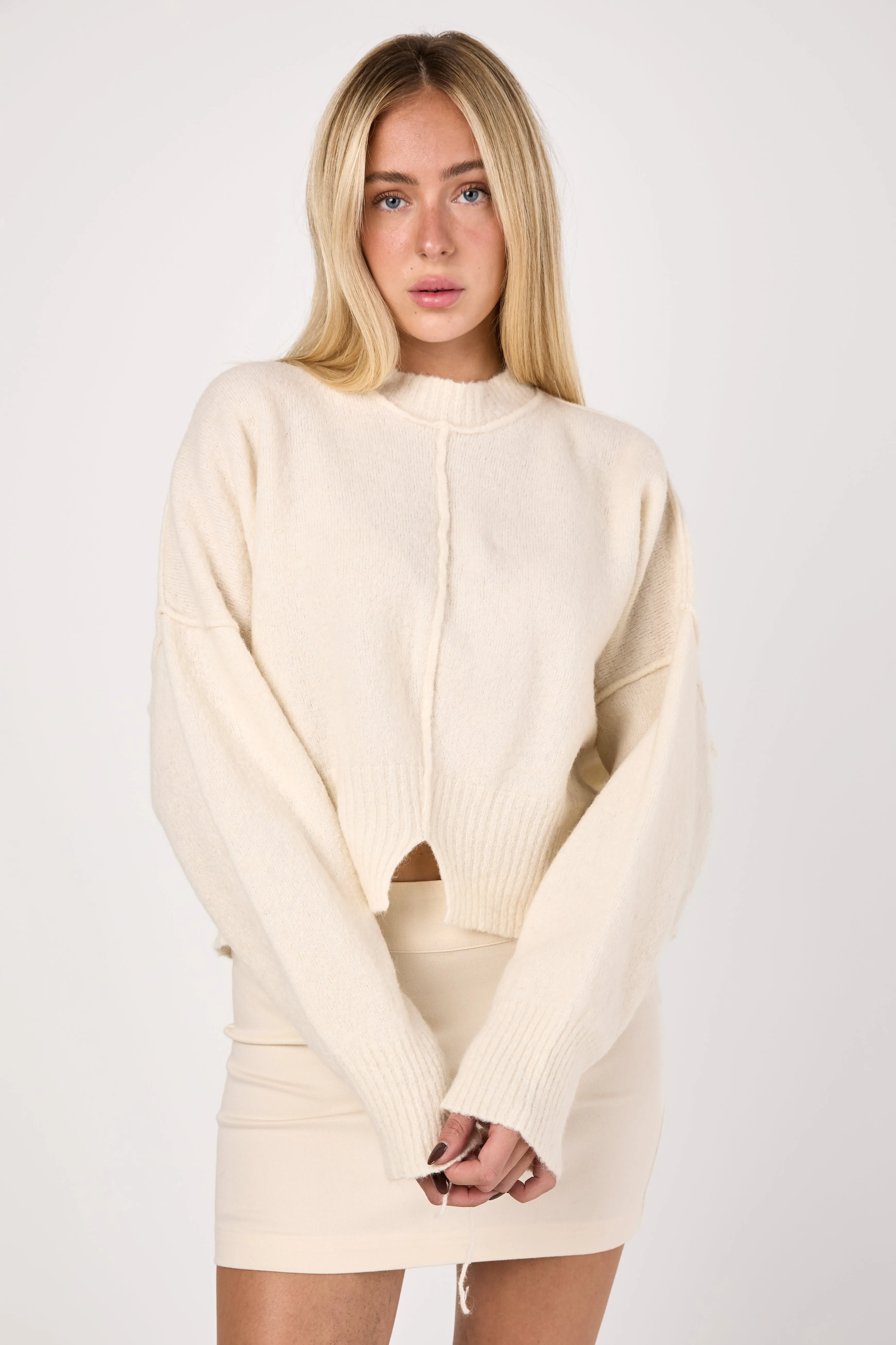 Cropped Knitted Crewneck Sweater in Butter