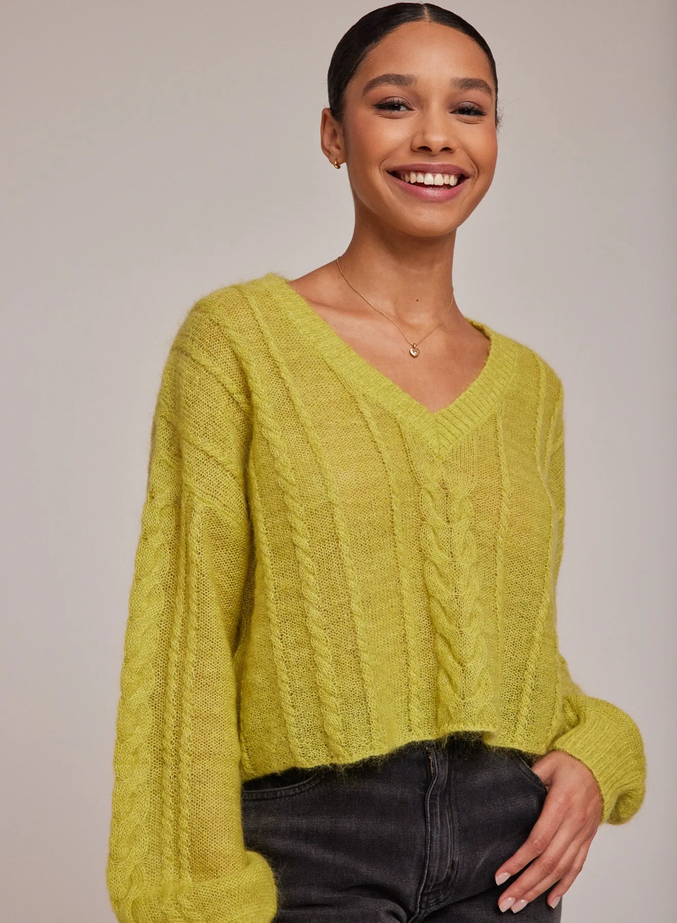 Cropped Oversized V-Neck Cable Sweater - Golden Chartreuse