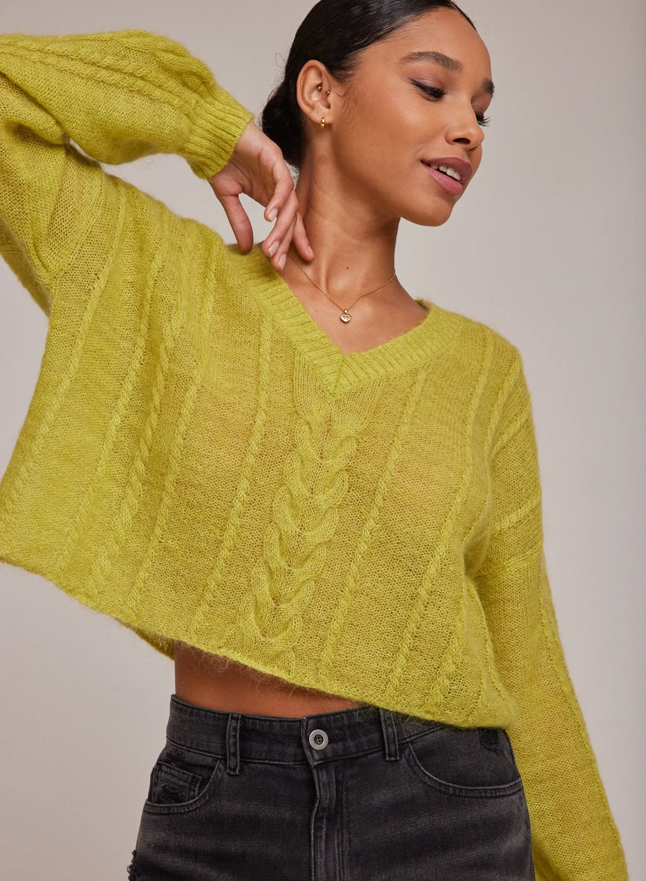 Cropped Oversized V-Neck Cable Sweater - Golden Chartreuse