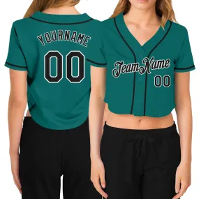 Custom Women's Aqua Black-White V-Neck Cropped Baseball Jersey