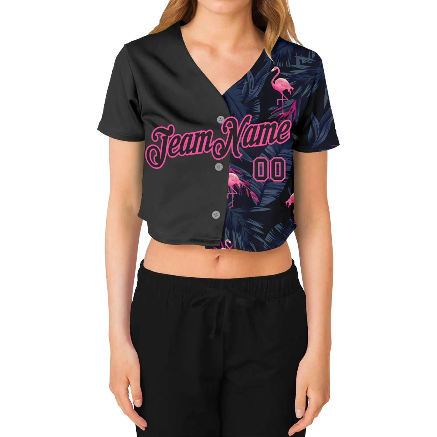 Custom Women's Black Black-Pink Flamingo 3D V-Neck Cropped Baseball Jersey