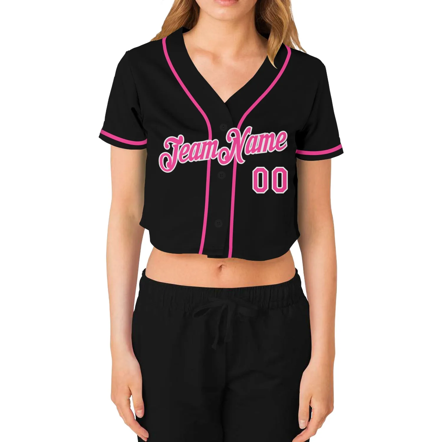 Custom Women's Black Pink-White V-Neck Cropped Baseball Jersey