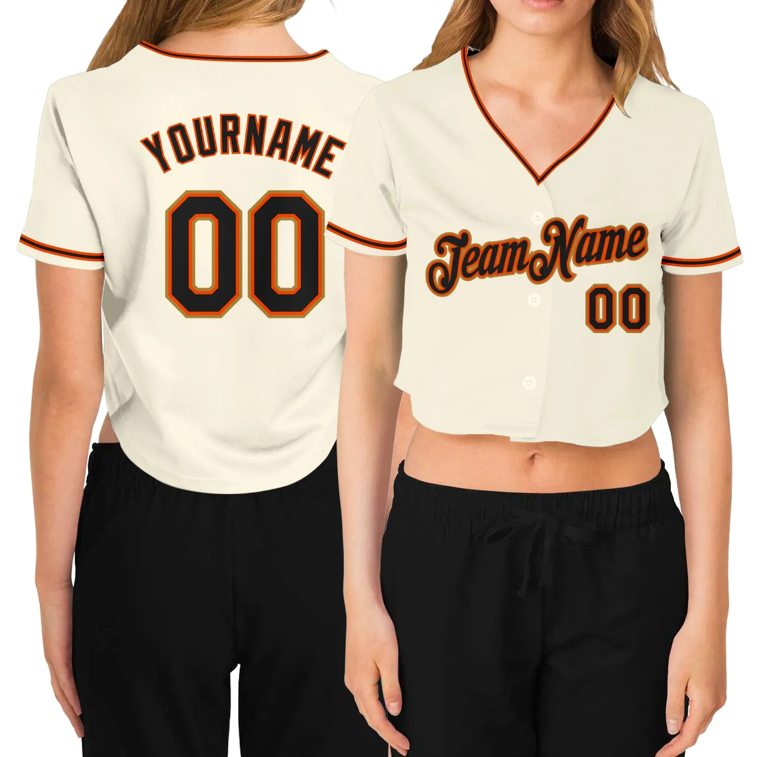 Custom Women's Cream Black Orange-Old Gold V-Neck Cropped Baseball Jersey