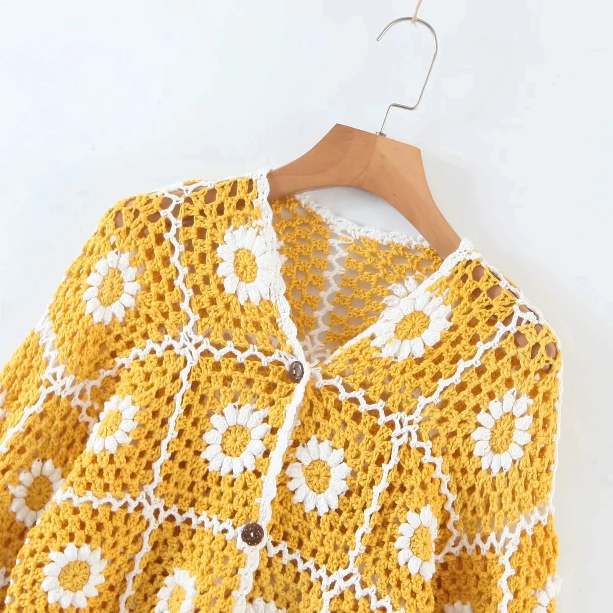 Daisy Squares Crochet Sweater Jacket Boho Sunny Flowers Cardigan Yellow With White Daisies Button Down Front One Size