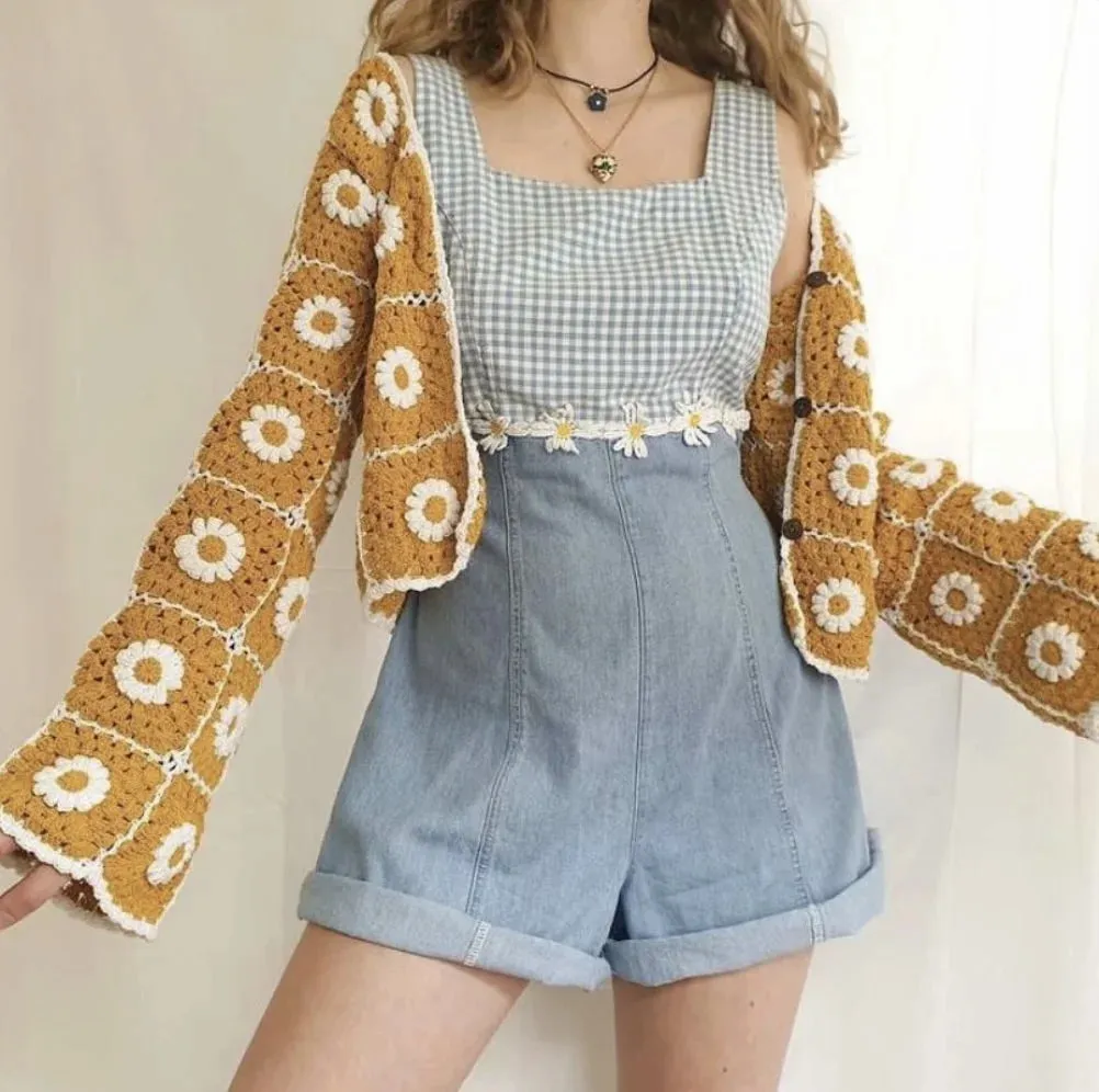 Daisy Squares Crochet Sweater Jacket Boho Sunny Flowers Cardigan Yellow With White Daisies Button Down Front One Size