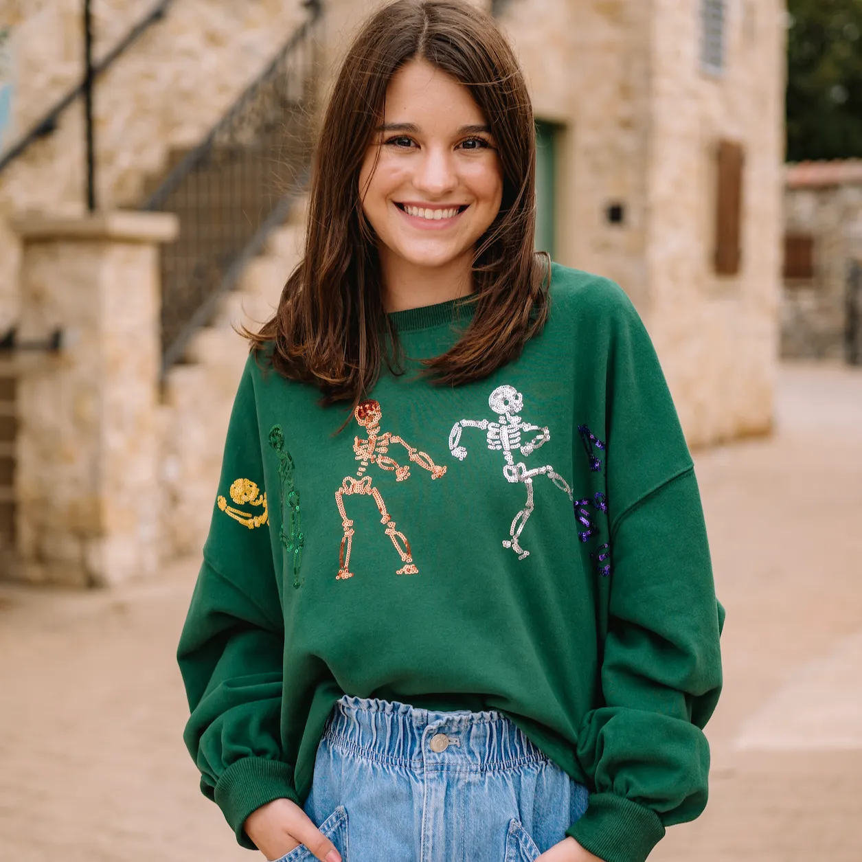 Dancing Skeletons Embroidered Sequin Crewneck