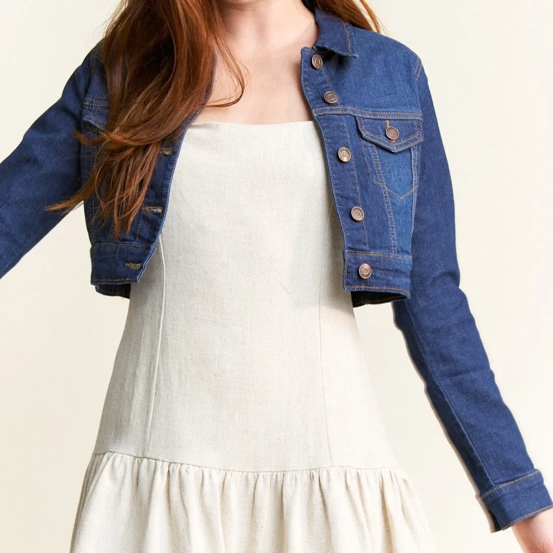 Dark Wash Cropped Stretch Denim Jacket