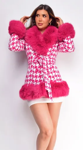 Elizaveta Hot Pink Plaid Faux Fur Wool Coat