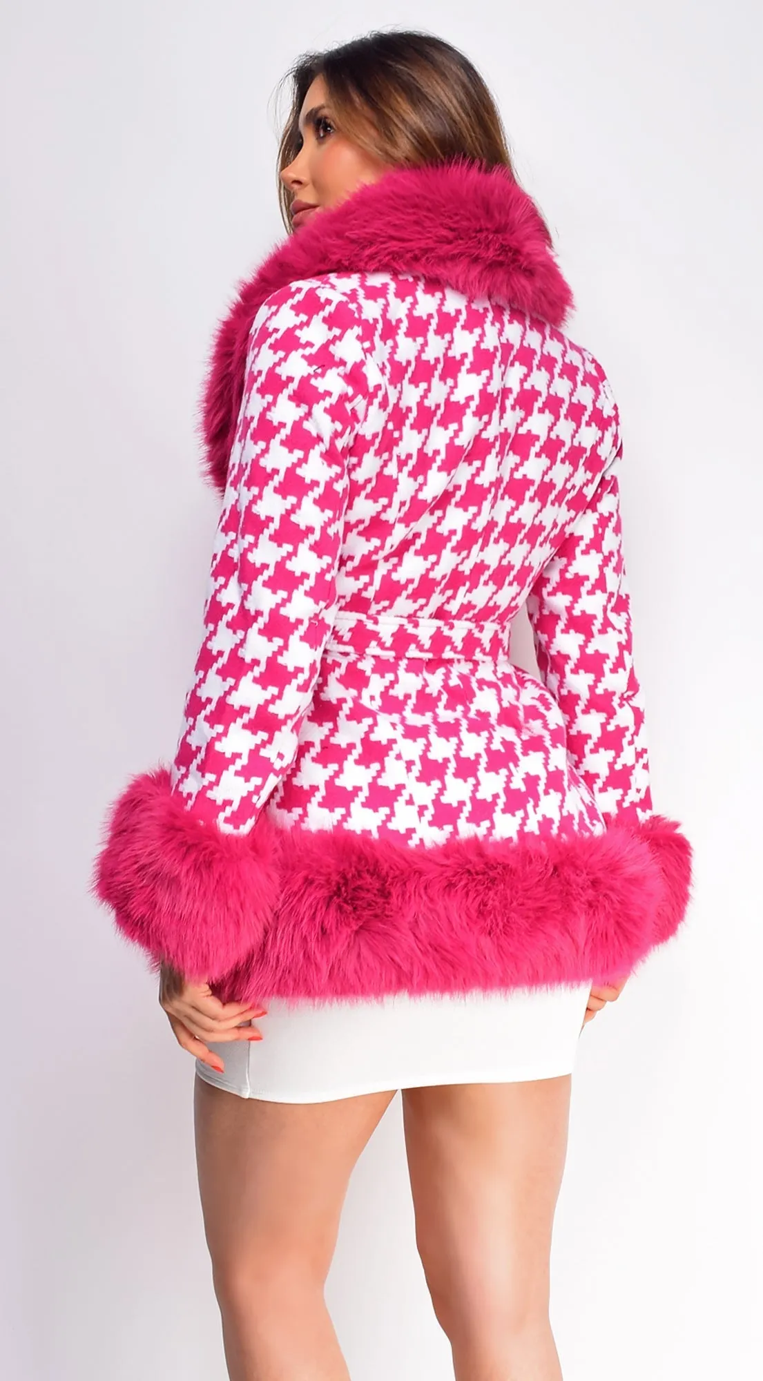 Elizaveta Hot Pink Plaid Faux Fur Wool Coat