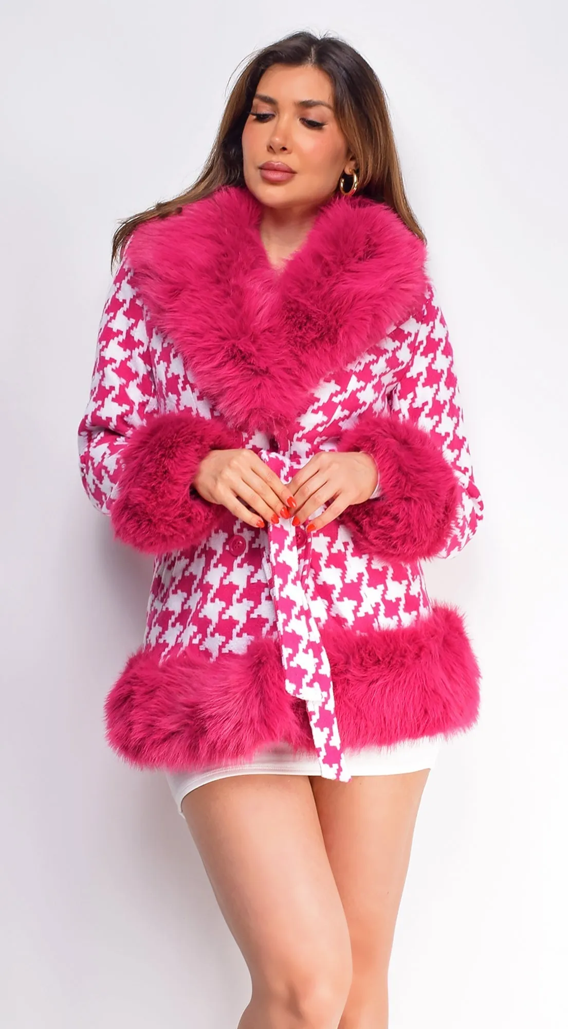 Elizaveta Hot Pink Plaid Faux Fur Wool Coat