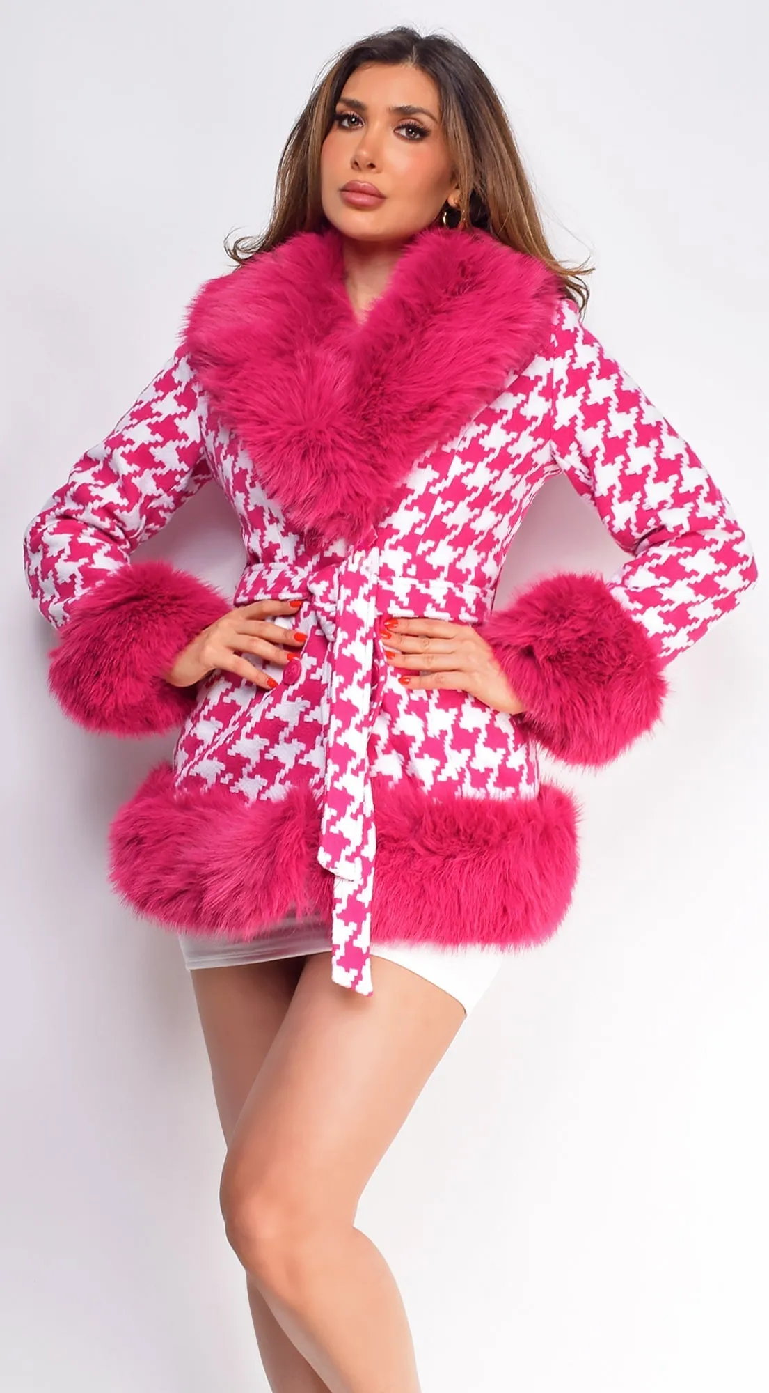 Elizaveta Hot Pink Plaid Faux Fur Wool Coat