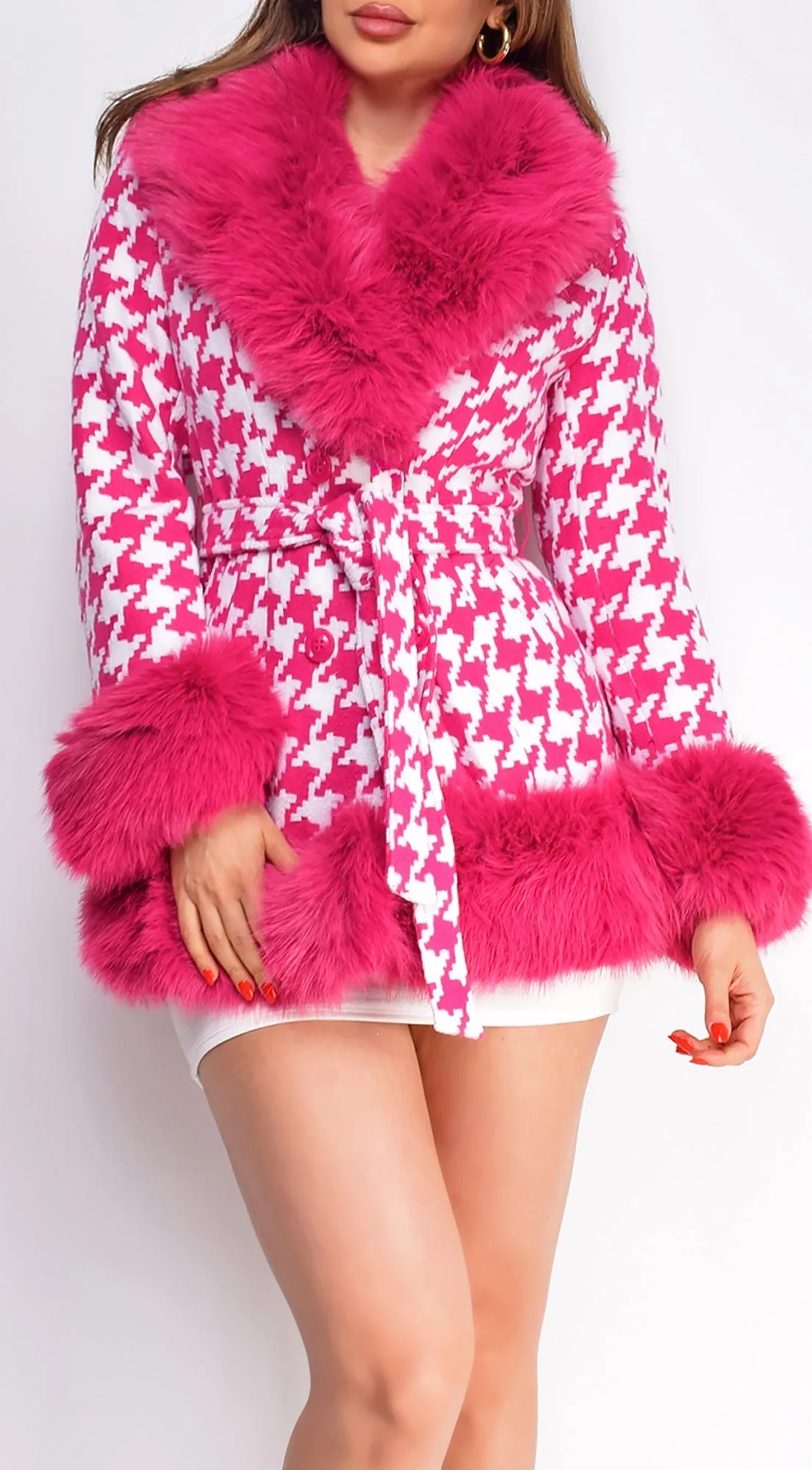 Elizaveta Hot Pink Plaid Faux Fur Wool Coat