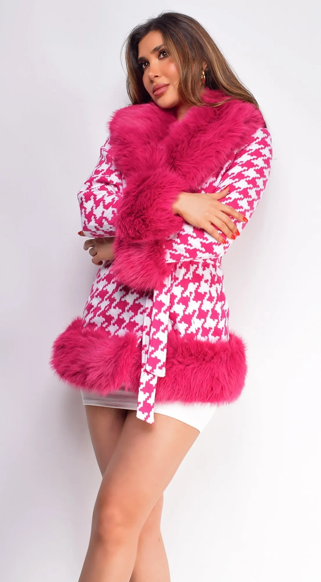 Elizaveta Hot Pink Plaid Faux Fur Wool Coat