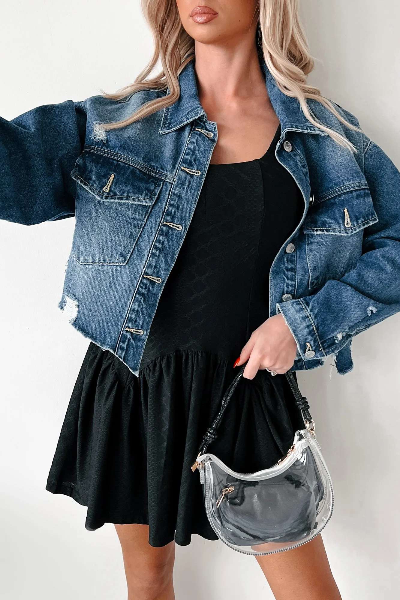 Everywhere I Go Distressed Denim Jacket (Medium Denim)