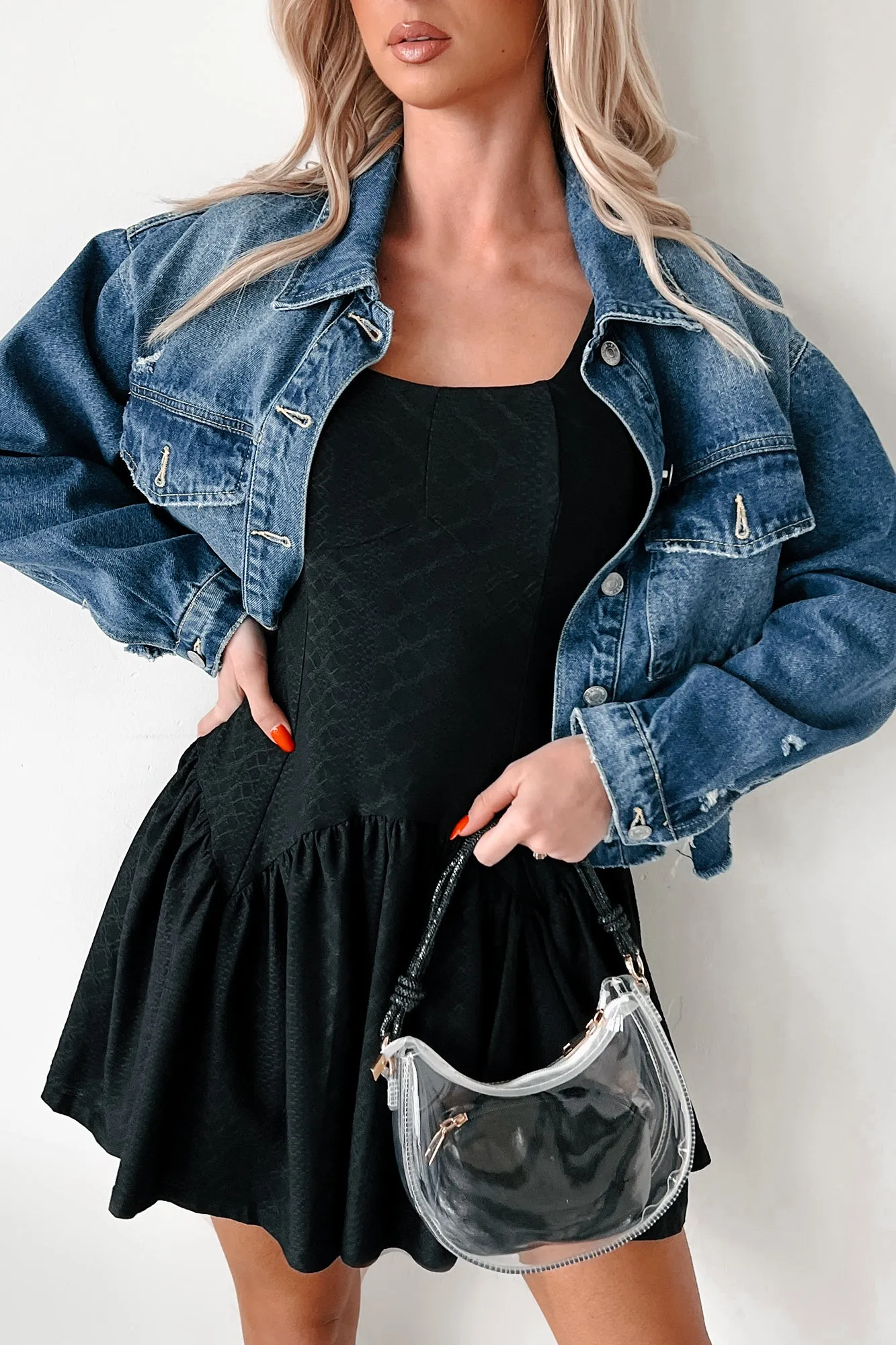 Everywhere I Go Distressed Denim Jacket (Medium Denim)