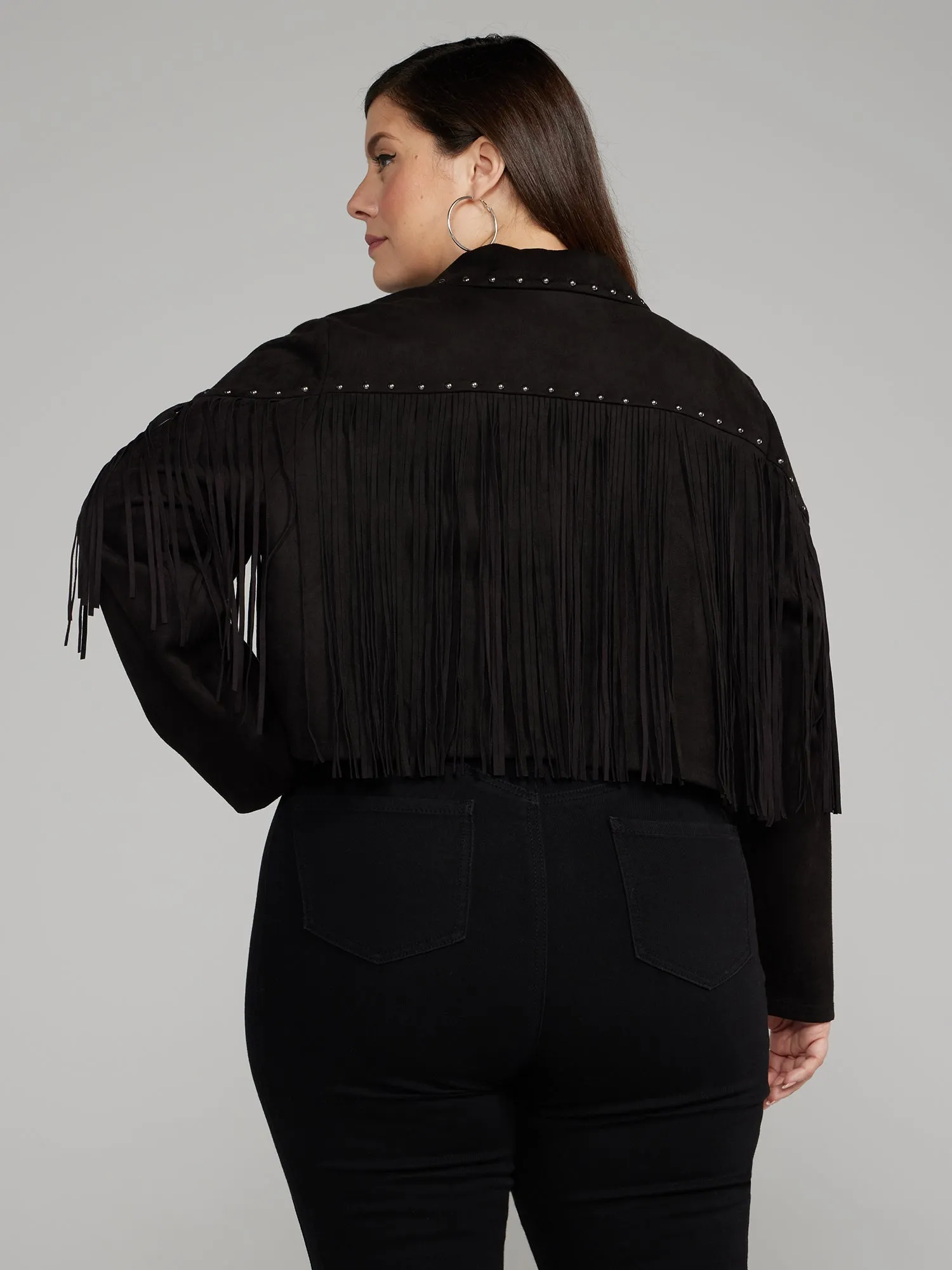 Fashion To Figure - Faux Suede Fringe Moto Jacket