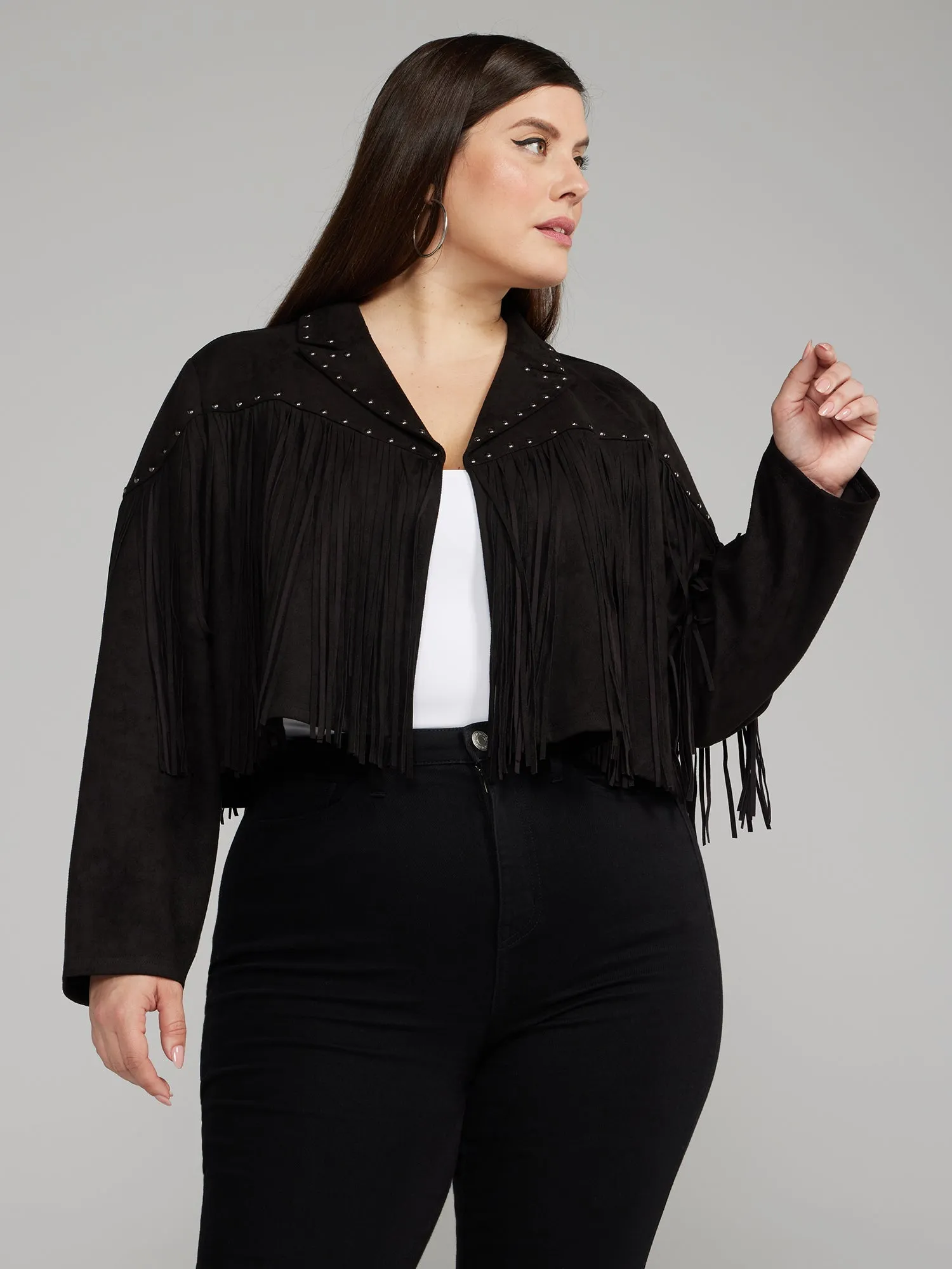 Fashion To Figure - Faux Suede Fringe Moto Jacket