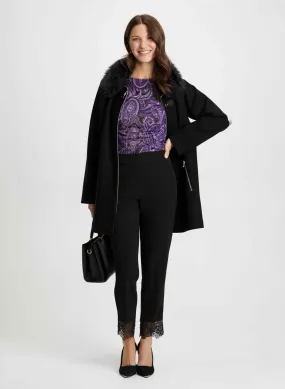 Faux Fur Collar Coat & Paisley Print Top