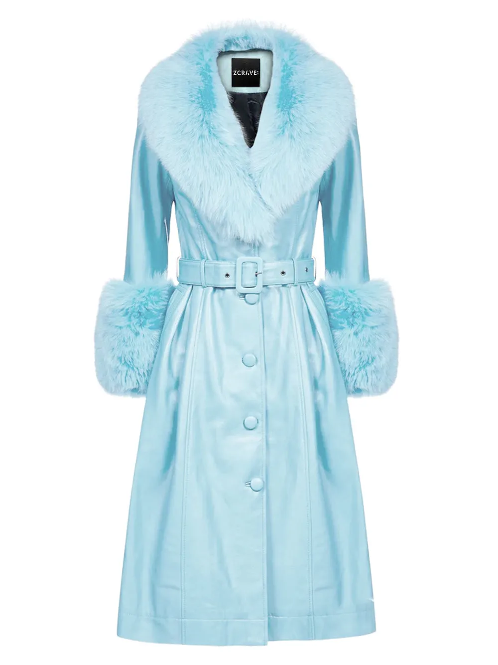 Faux Fur Genuine Leather Coat in Baby Blue