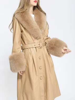 Faux Fur Genuine Leather Coat in Beige