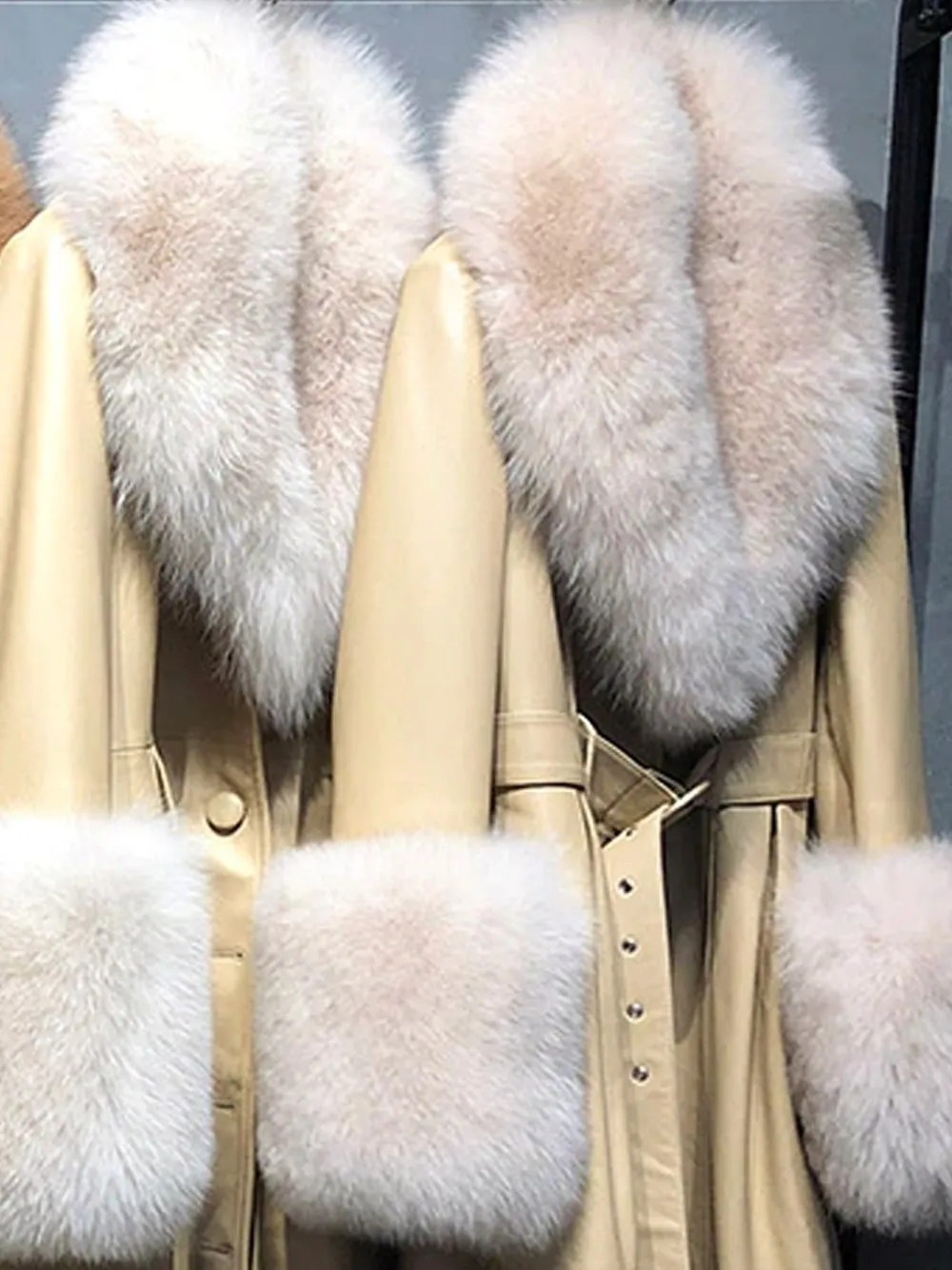 Faux Fur Genuine Leather Coat in Beige