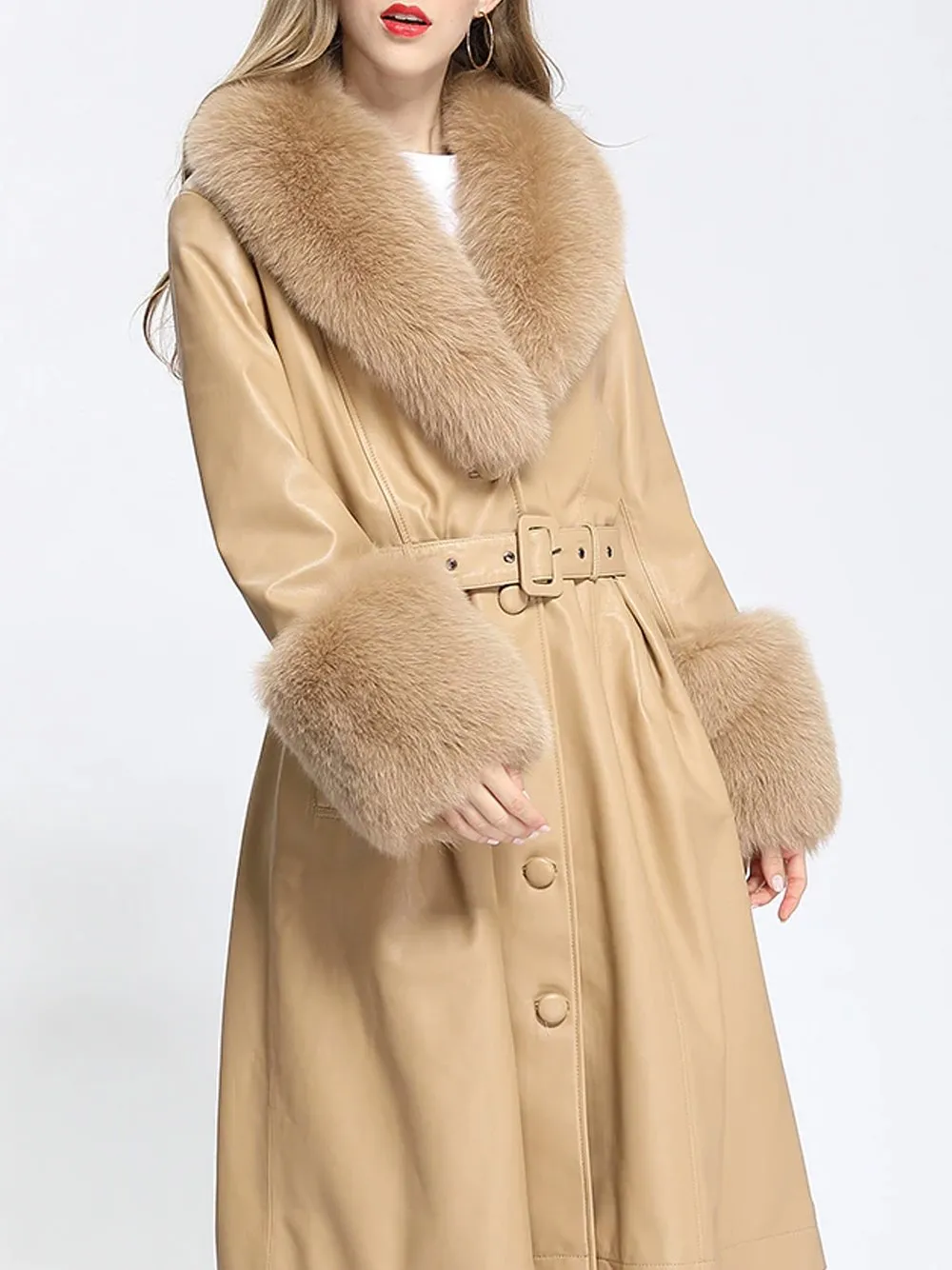 Faux Fur Genuine Leather Coat in Beige