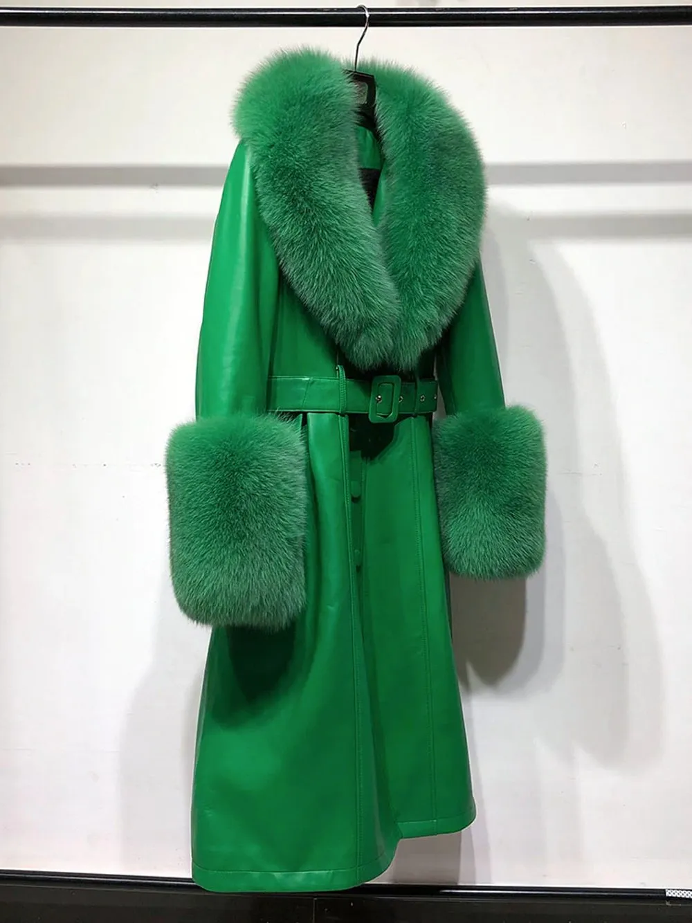 Faux Fur Genuine Leather Coat in Green