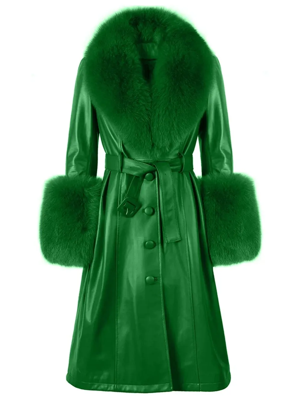 Faux Fur Genuine Leather Coat in Green