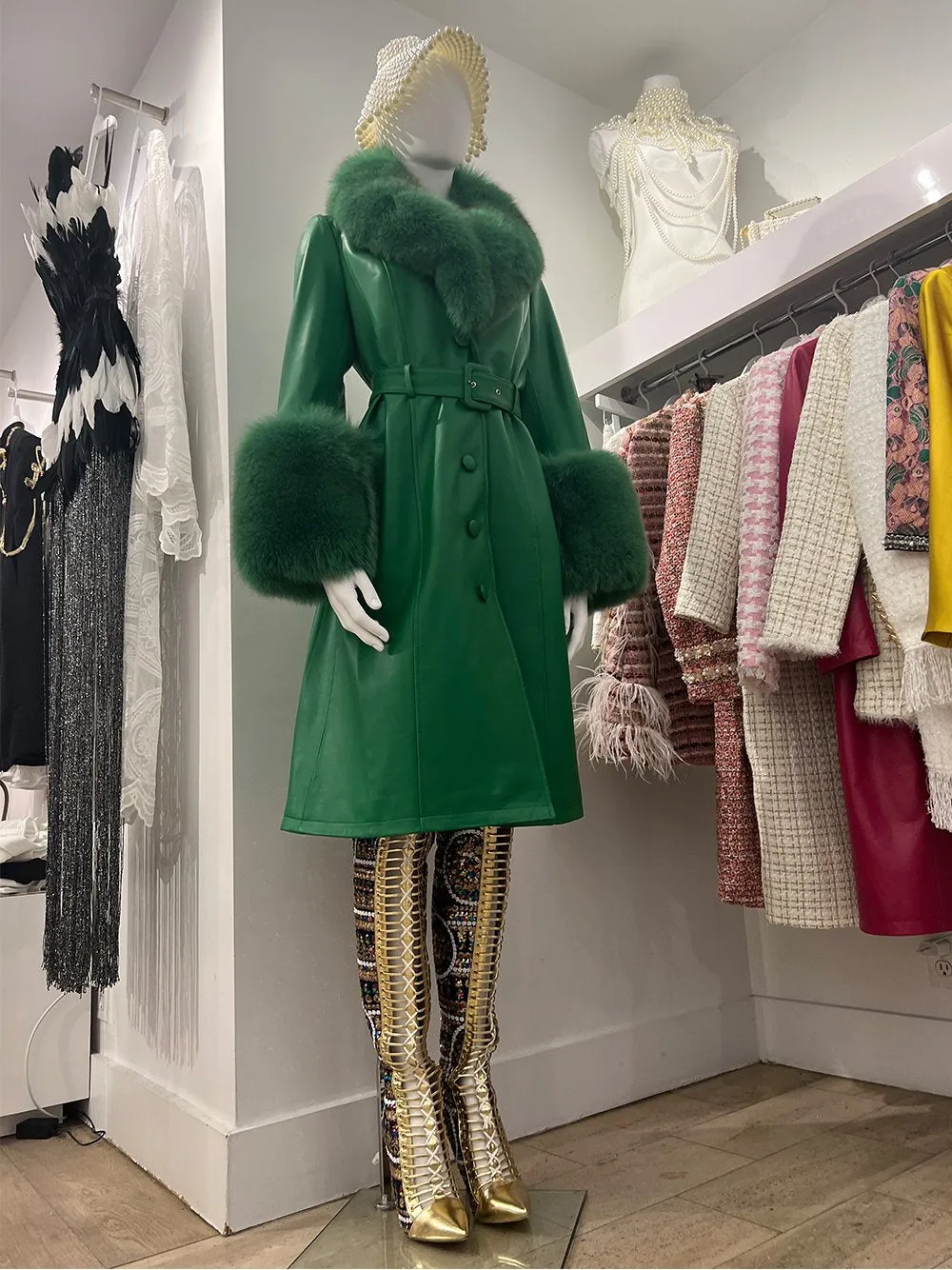 Faux Fur Genuine Leather Coat in Green