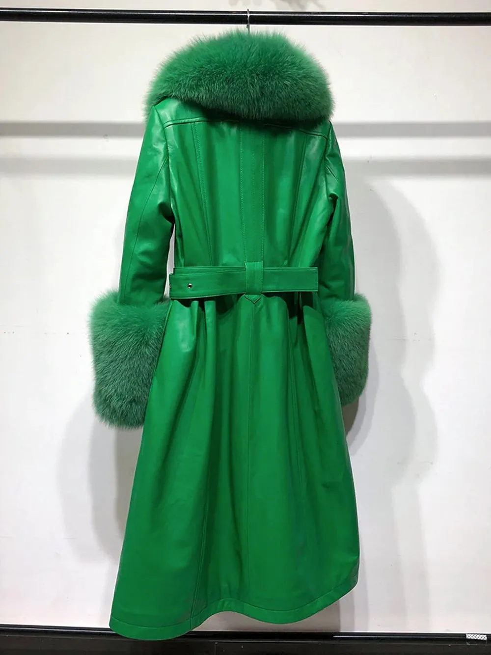 Faux Fur Genuine Leather Coat in Green