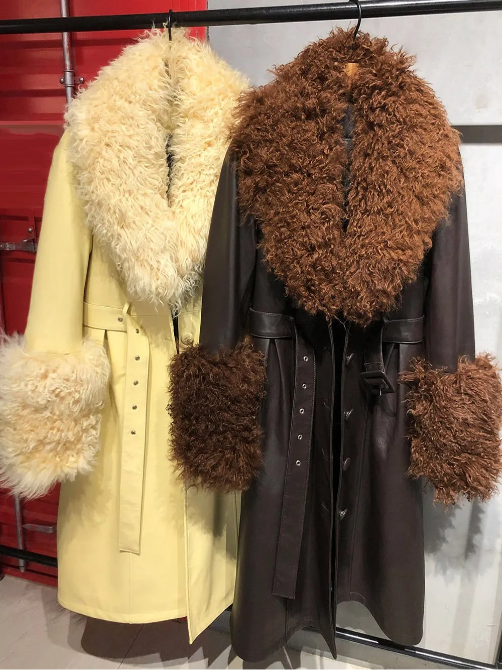 Faux Fur Genuine Leather Coat in Yellow