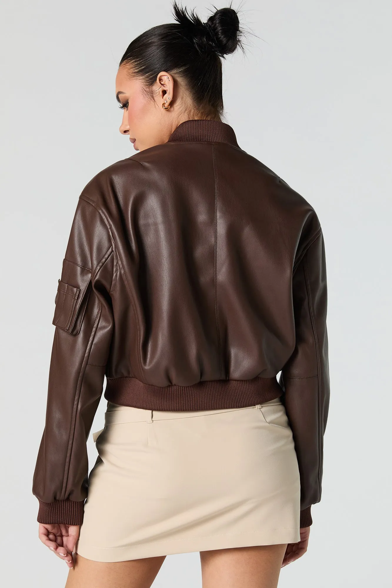 Faux Leather Cropped Bomber Jacket