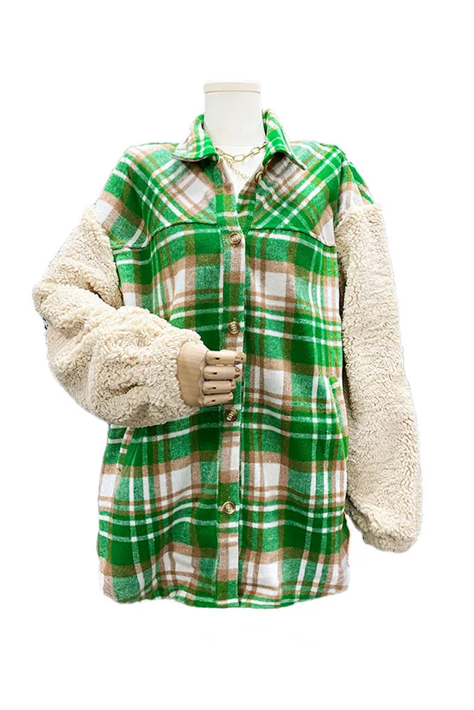 Fleece Sleeves Patchwork Plaid Shacket Winter Outfits Coat