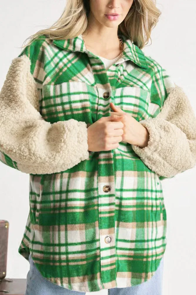 Fleece Sleeves Patchwork Plaid Shacket Winter Outfits Coat