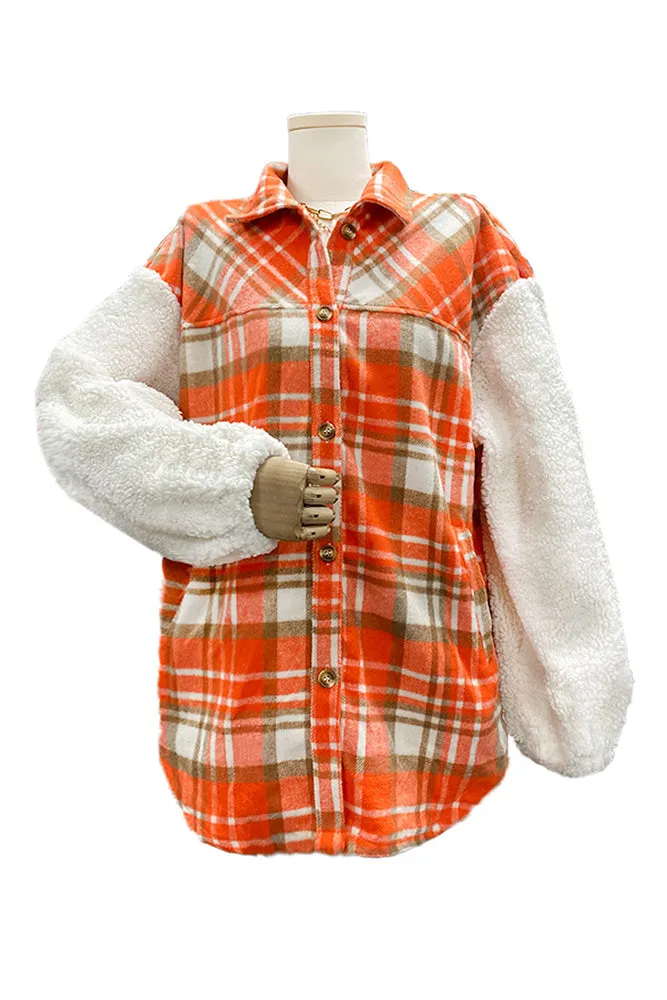 Fleece Sleeves Patchwork Plaid Shacket Winter Outfits Coat