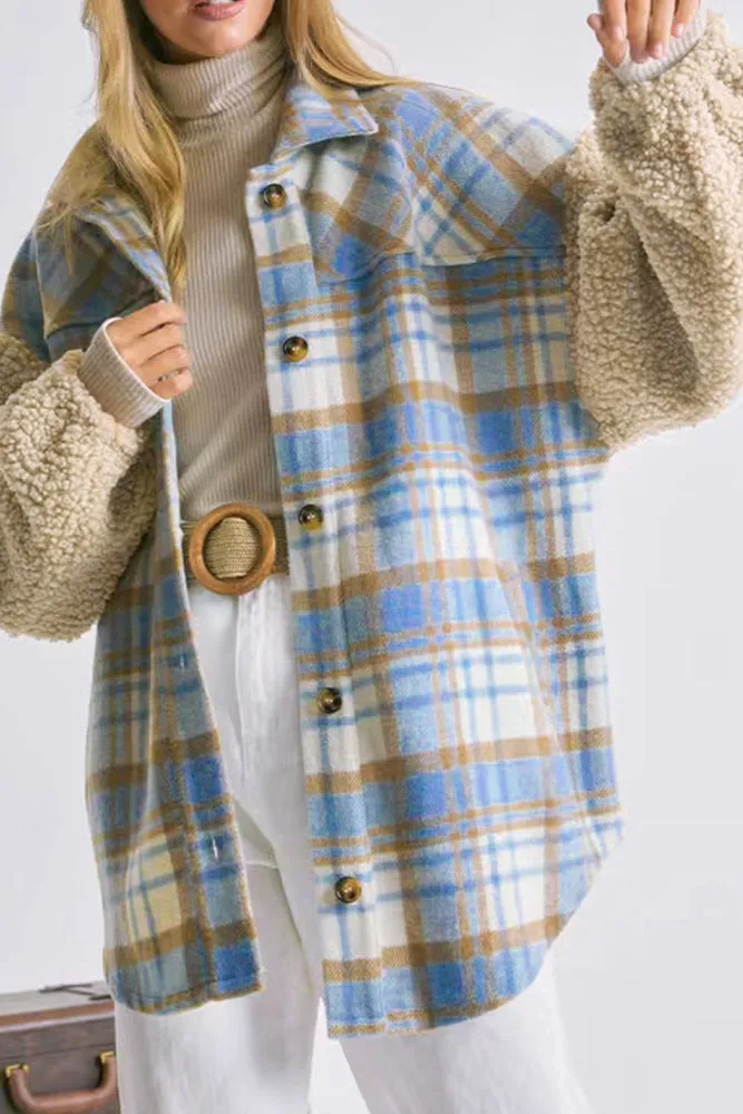 Fleece Sleeves Patchwork Plaid Shacket Winter Outfits Coat