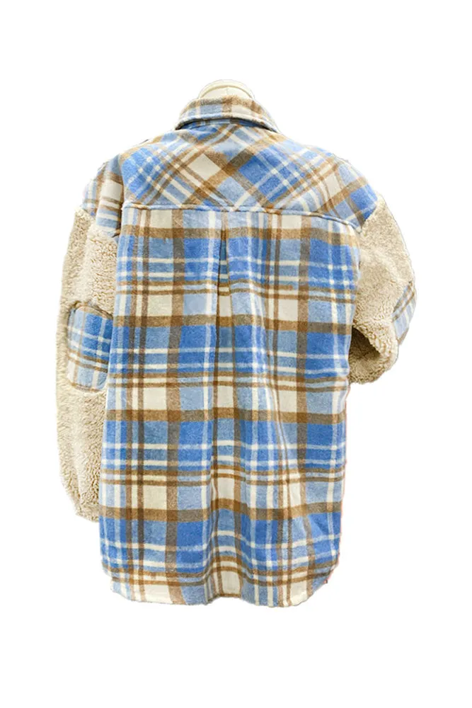 Fleece Sleeves Patchwork Plaid Shacket Winter Outfits Coat