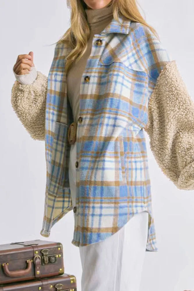 Fleece Sleeves Patchwork Plaid Shacket Winter Outfits Coat