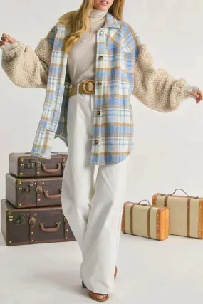 Fleece Sleeves Patchwork Plaid Shacket Winter Outfits Coat