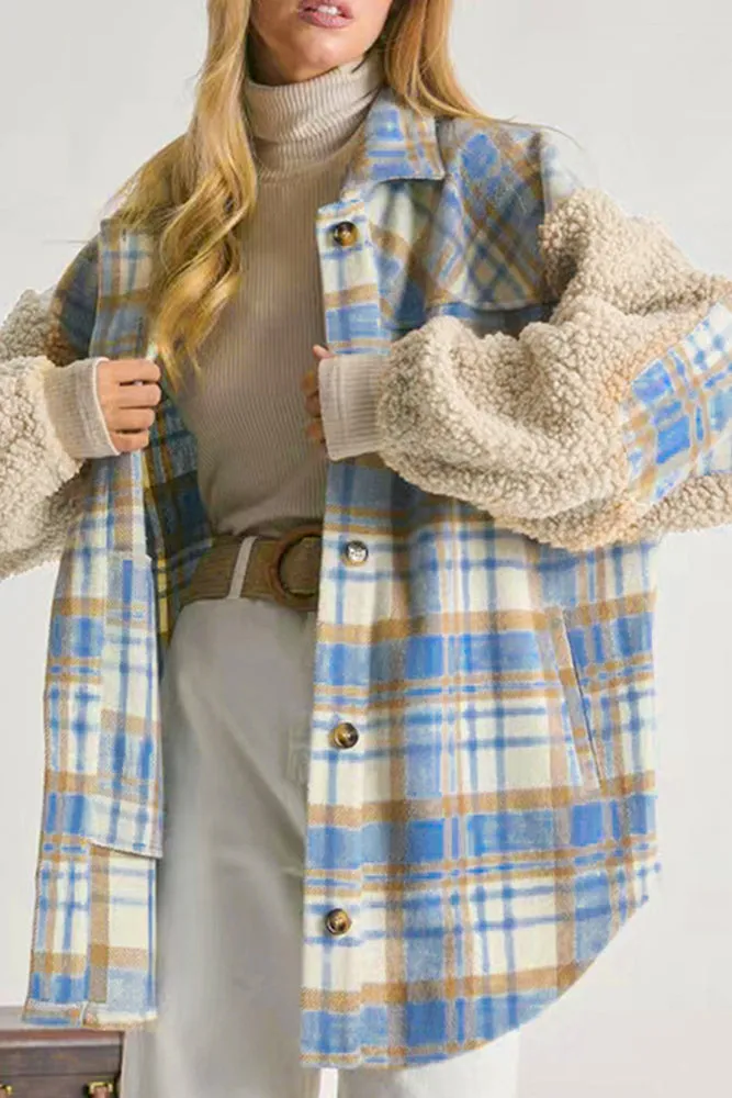 Fleece Sleeves Patchwork Plaid Shacket Winter Outfits Coat