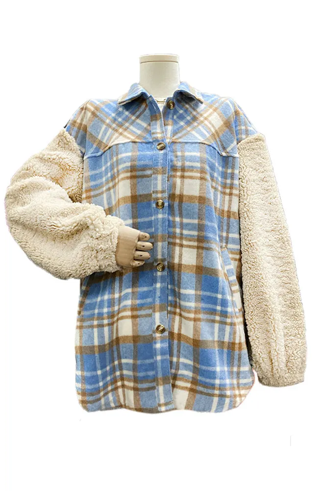 Fleece Sleeves Patchwork Plaid Shacket Winter Outfits Coat