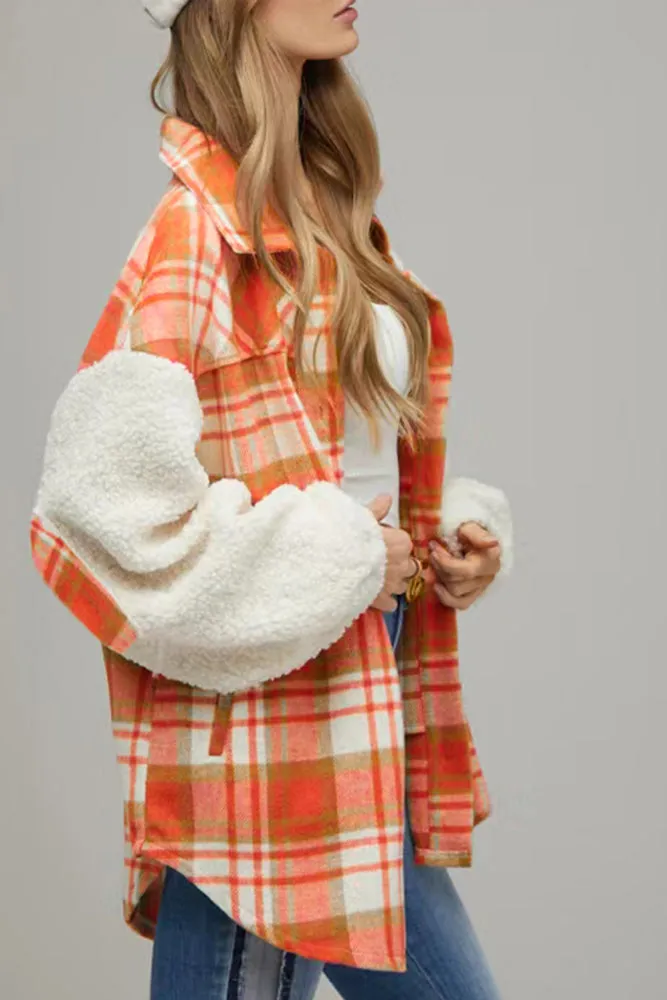 Fleece Sleeves Patchwork Plaid Shacket Winter Outfits Coat