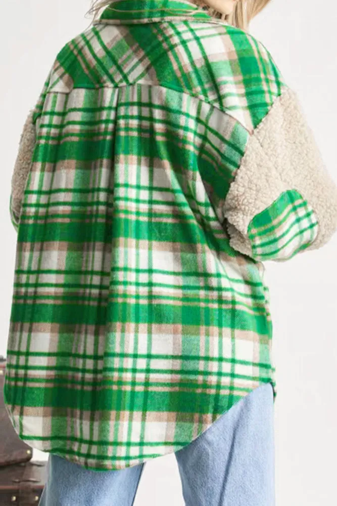 Fleece Sleeves Patchwork Plaid Shacket Winter Outfits Coat