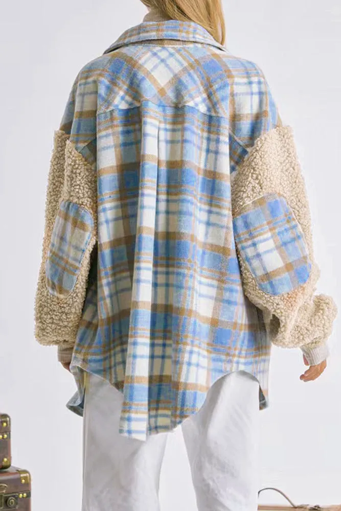 Fleece Sleeves Patchwork Plaid Shacket Winter Outfits Coat