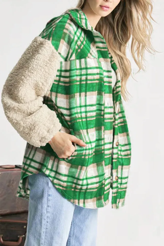 Fleece Sleeves Patchwork Plaid Shacket Winter Outfits Coat