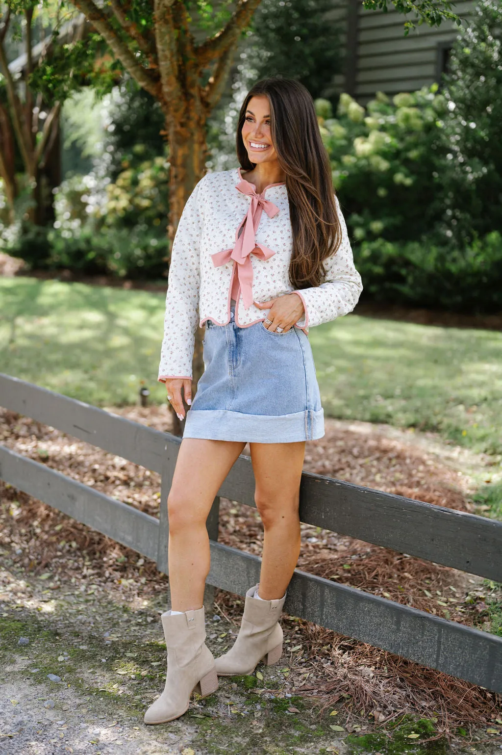 Floral Quilted Bow Jacket-Pink Floral