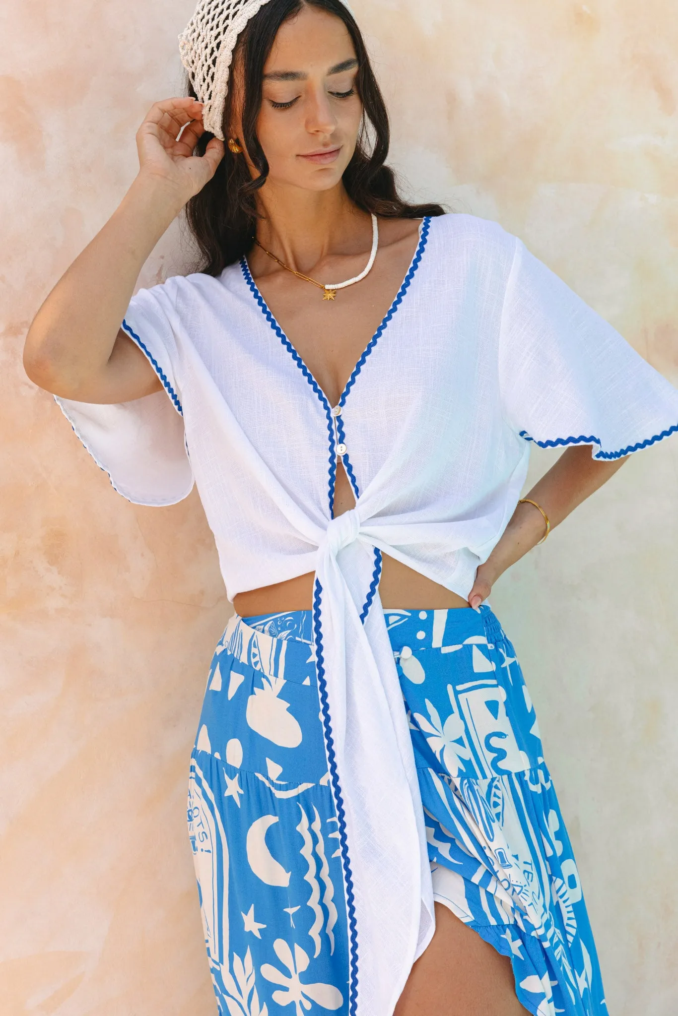 Francesca White Blue Ric Rac Crop Top